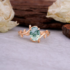 Nature Inspired 4 Prong Oval Cut Natural Moss Agate Wedding Ring