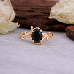 Nature Inspired 4 Prong Oval Cut Black Onyx Wedding Ring