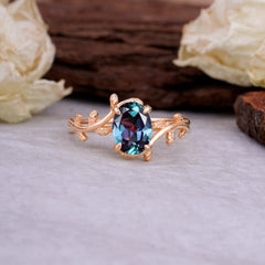 Nature Inspired 4 Prong Oval Cut Alexandrite Wedding Ring