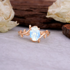 Nature Inspired 4 Prong Oval Cut Moonstone Wedding Ring