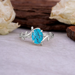 Nature Inspired 4 Prong Oval Cut Turquoise Wedding Ring