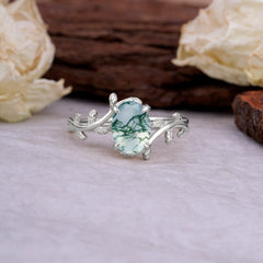 Nature Inspired 4 Prong Oval Cut Natural Moss Agate Wedding Ring