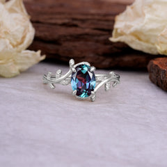 Nature Inspired 4 Prong Oval Cut Alexandrite Wedding Ring