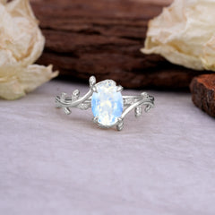Nature Inspired 4 Prong Oval Cut Moonstone Wedding Ring