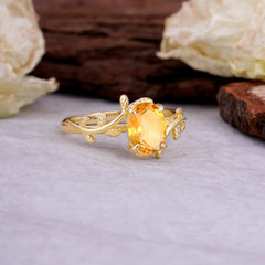 Nature Inspired 4 Prong Oval Cut Citrine Wedding Ring