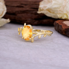 Nature Inspired 4 Prong Oval Cut Citrine Wedding Ring