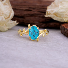 Nature Inspired 4 Prong Oval Cut Turquoise Wedding Ring