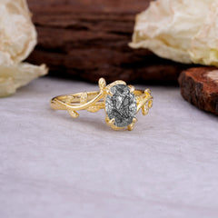 Nature Inspired 4 Prong Oval Cut Black Rutilated Quartz Wedding Ring