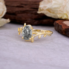 Nature Inspired 4 Prong Oval Cut Black Rutilated Quartz Wedding Ring