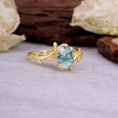 Nature Inspired 4 Prong Oval Cut Natural Moss Agate Wedding Ring