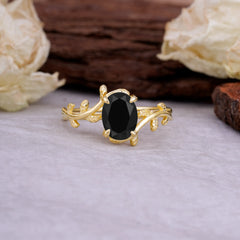 Nature Inspired 4 Prong Oval Cut Black Onyx Wedding Ring