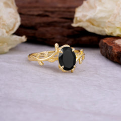 Nature Inspired 4 Prong Oval Cut Black Onyx Wedding Ring