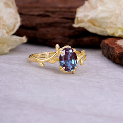 Nature Inspired 4 Prong Oval Cut Alexandrite Wedding Ring