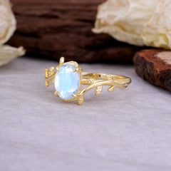 Nature Inspired 4 Prong Oval Cut Moonstone Wedding Ring