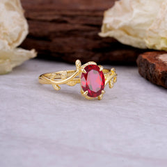 Nature Inspired 4 Prong Oval Cut Ruby Wedding Ring