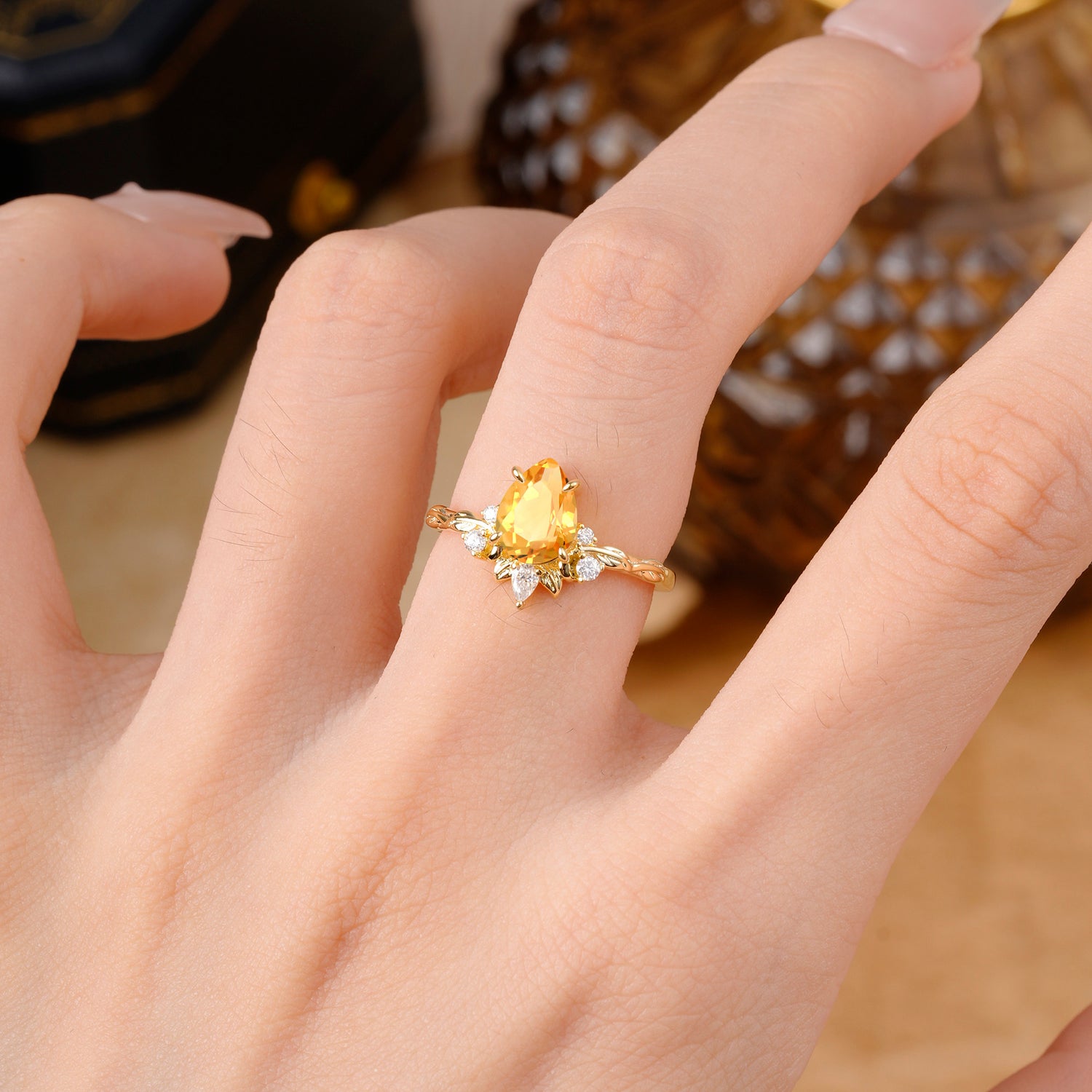 Nature-Inspired Pear Cut Citrine Engagement Ring