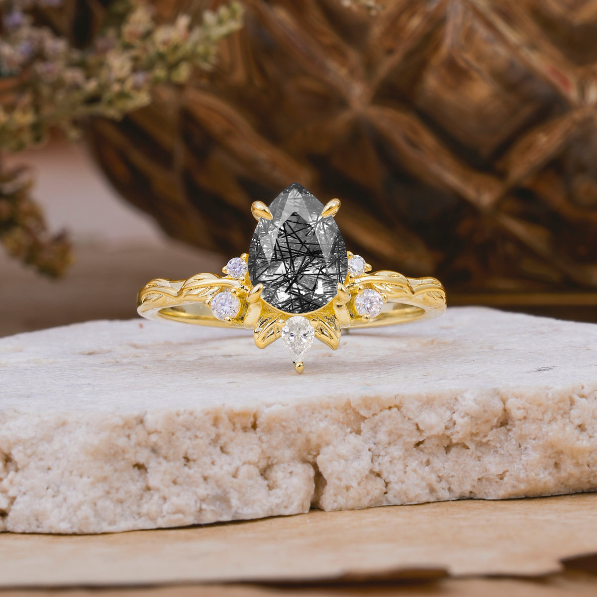 SR16996 Black Rutilated Quartz Ring - Yellow-Gold