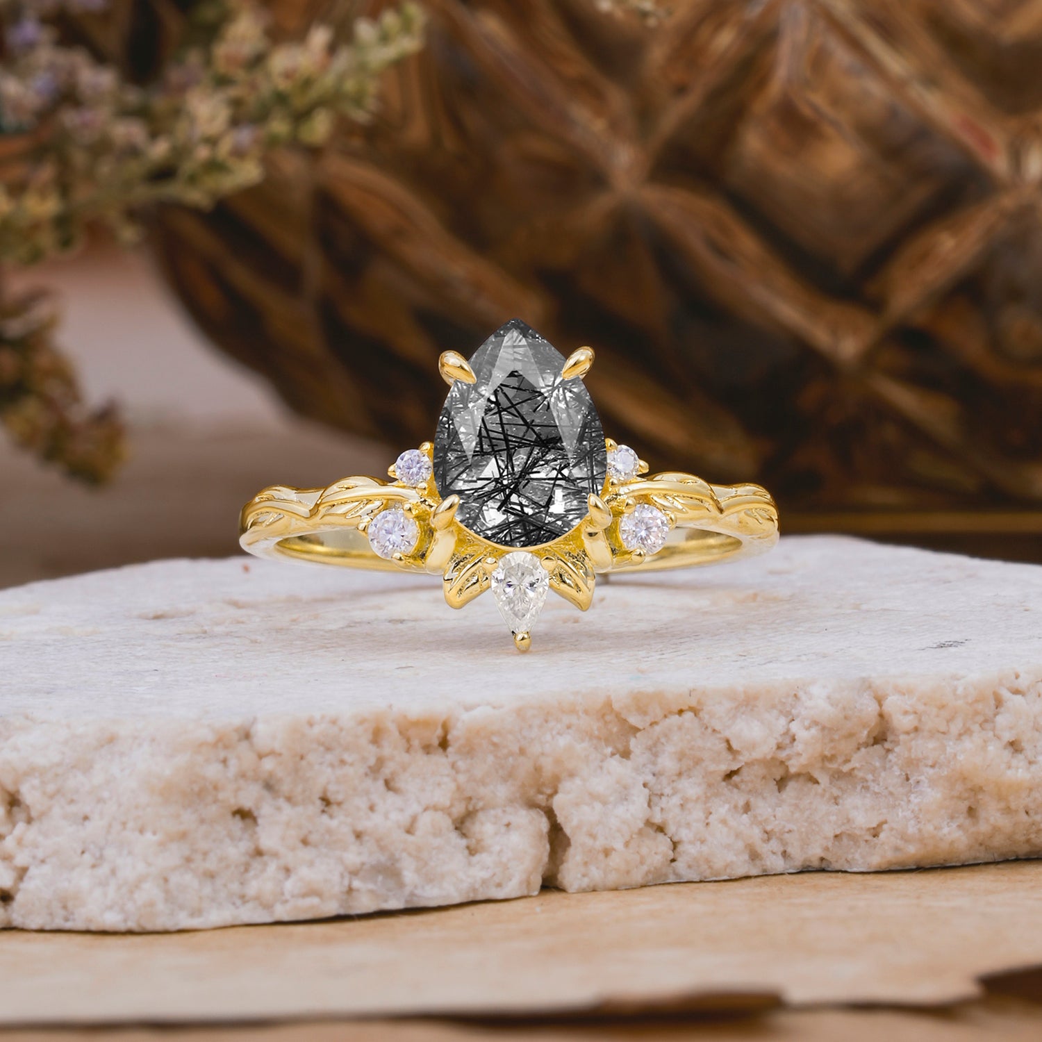 SR16996 Black Rutilated Quartz Ring - Yellow-Gold