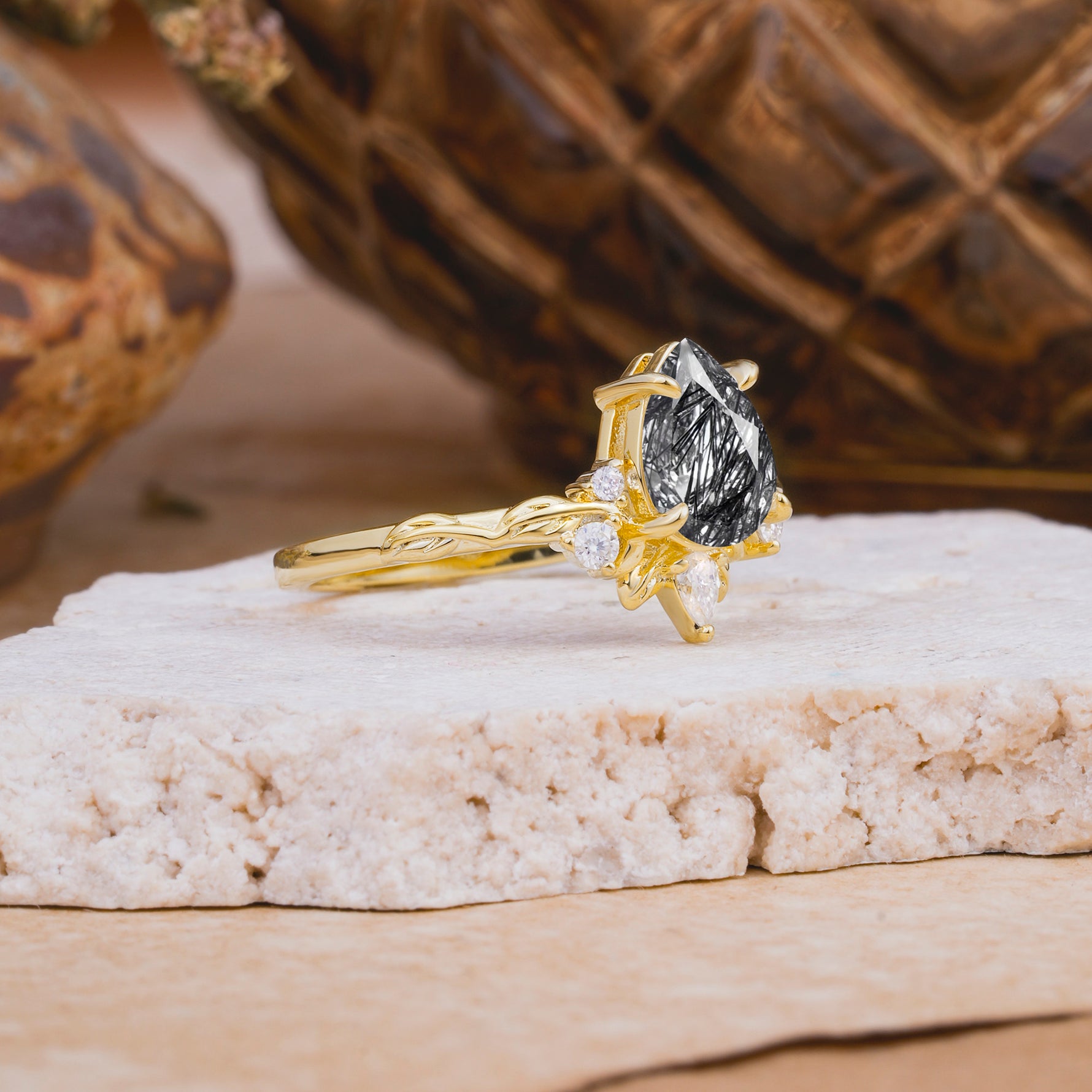 SR16996 Black Rutilated Quartz Ring - White-Gold