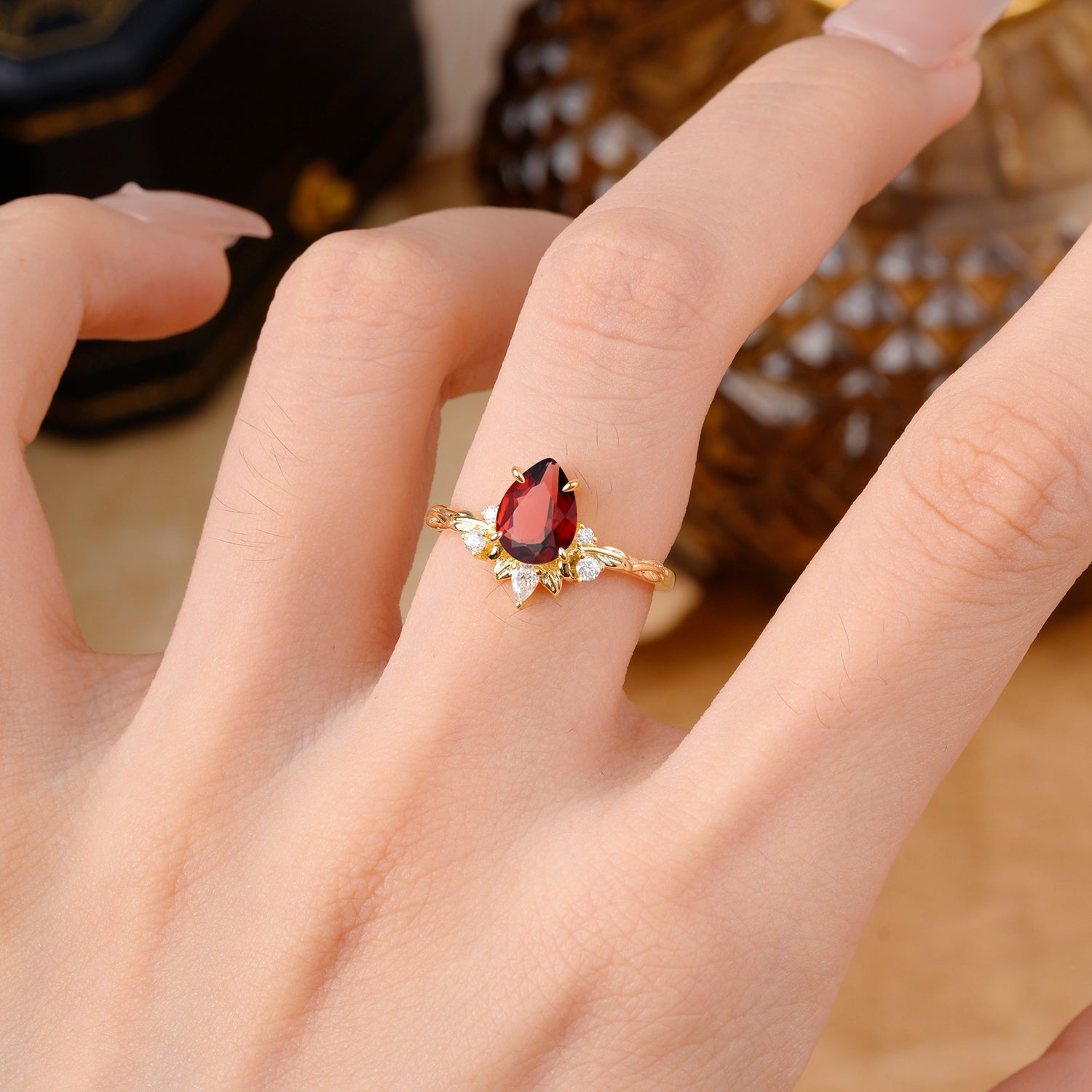Nature-Inspired Pear Cut Garnet Engagement Ring