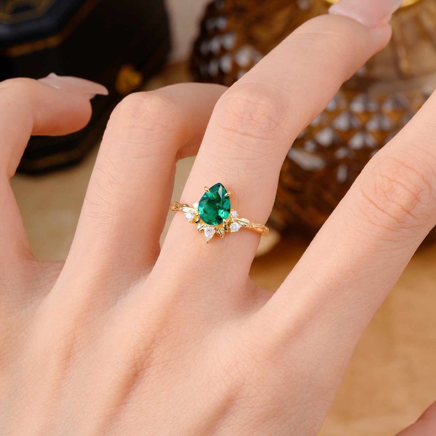 Nature-Inspired Pear Cut Emerald Engagement Ring