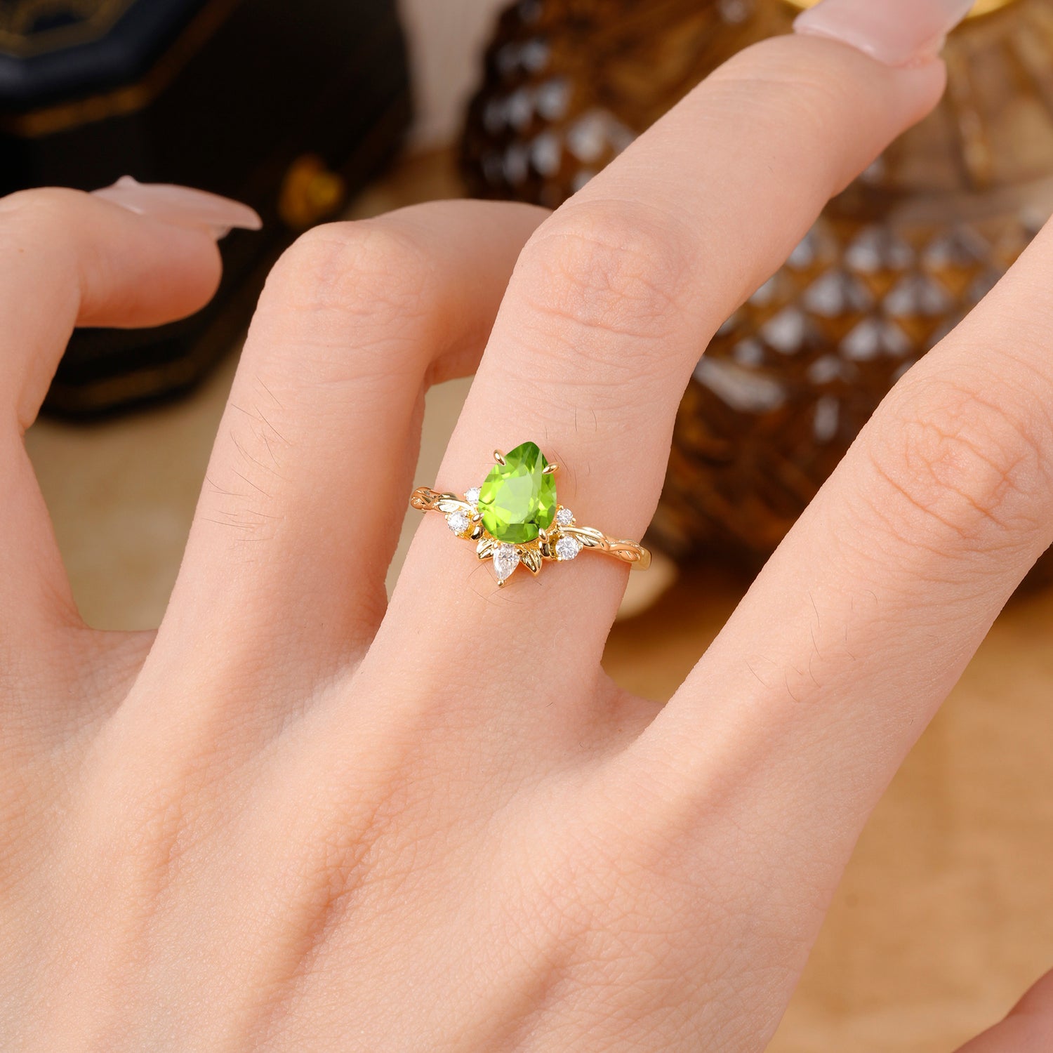 Nature-Inspired Pear Cut Peridot Engagement Ring