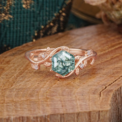 Luxury Nature-Inspired 6 Prong Hexagonal Natural Moss Agate Engagement Ring