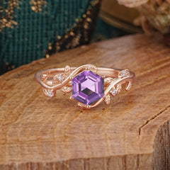 Luxury Nature-Inspired 6 Prong Hexagonal Natural Amethyst Engagement Ring