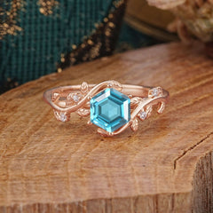 Luxury Nature-Inspired 6 Prong Hexagonal Aquamarine Engagement Ring