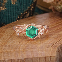 Luxury Nature-Inspired 6 Prong Hexagonal Emerald Engagement Ring