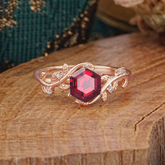 Luxury Nature-Inspired 6 Prong Hexagonal Ruby Engagement Ring