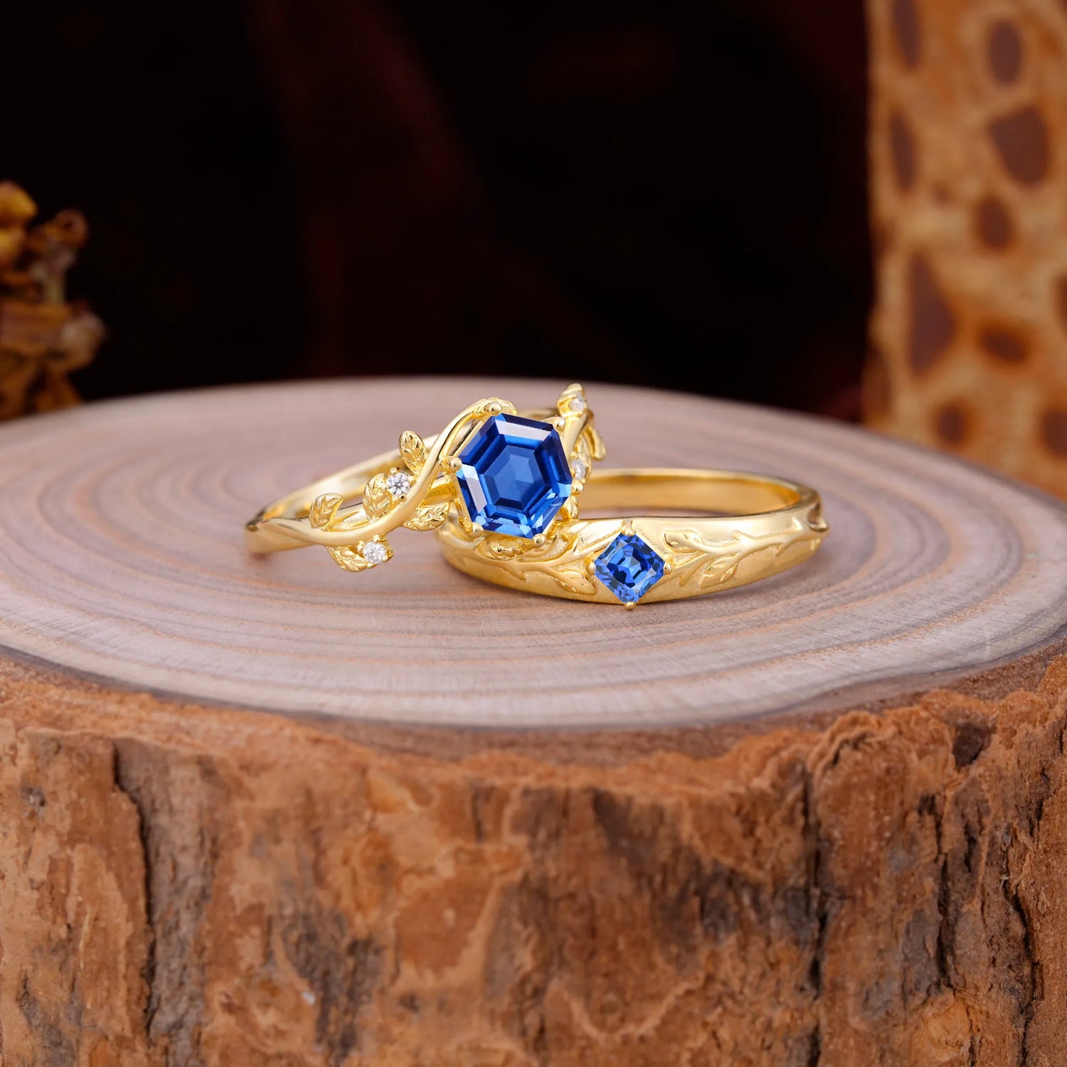 Luxurious Nature Inspired 6-Prong Hexagonal-Cut Sapphire Engagement Couple Rings