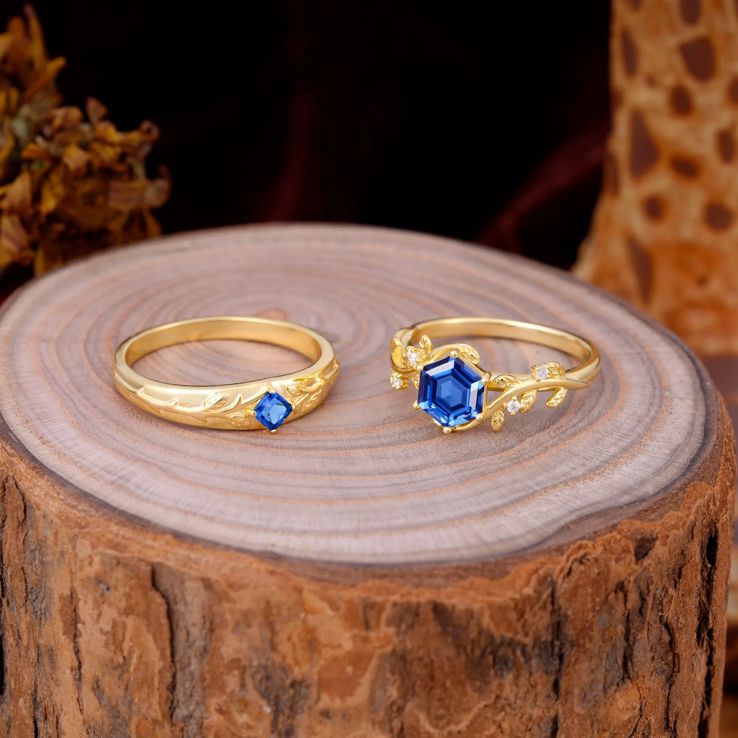 Luxurious Nature Inspired 6-Prong Hexagonal-Cut Sapphire Engagement Couple Rings