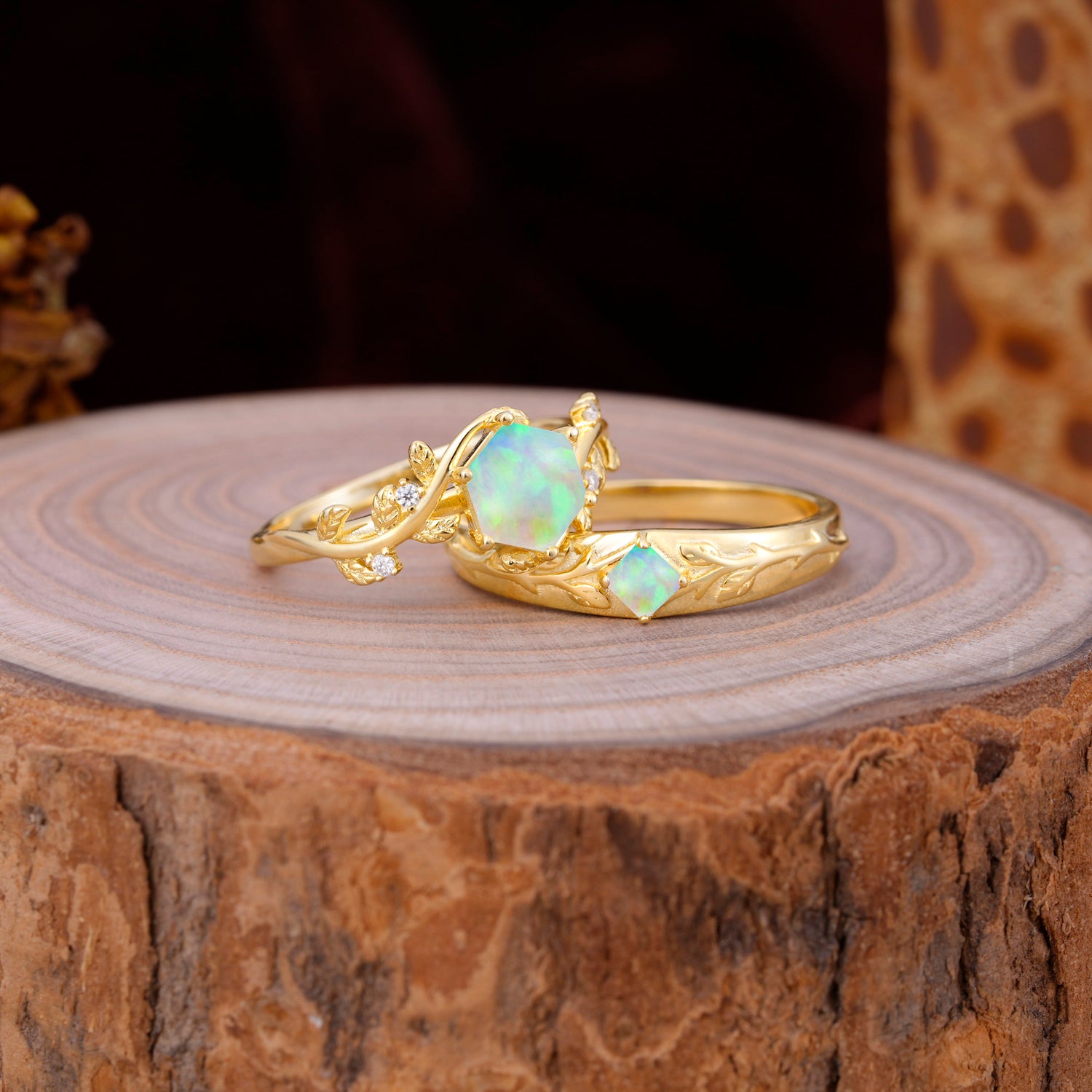 Luxurious Nature Inspired 6-Prong Hexagonal-Cut Opal Engagement Couple Rings