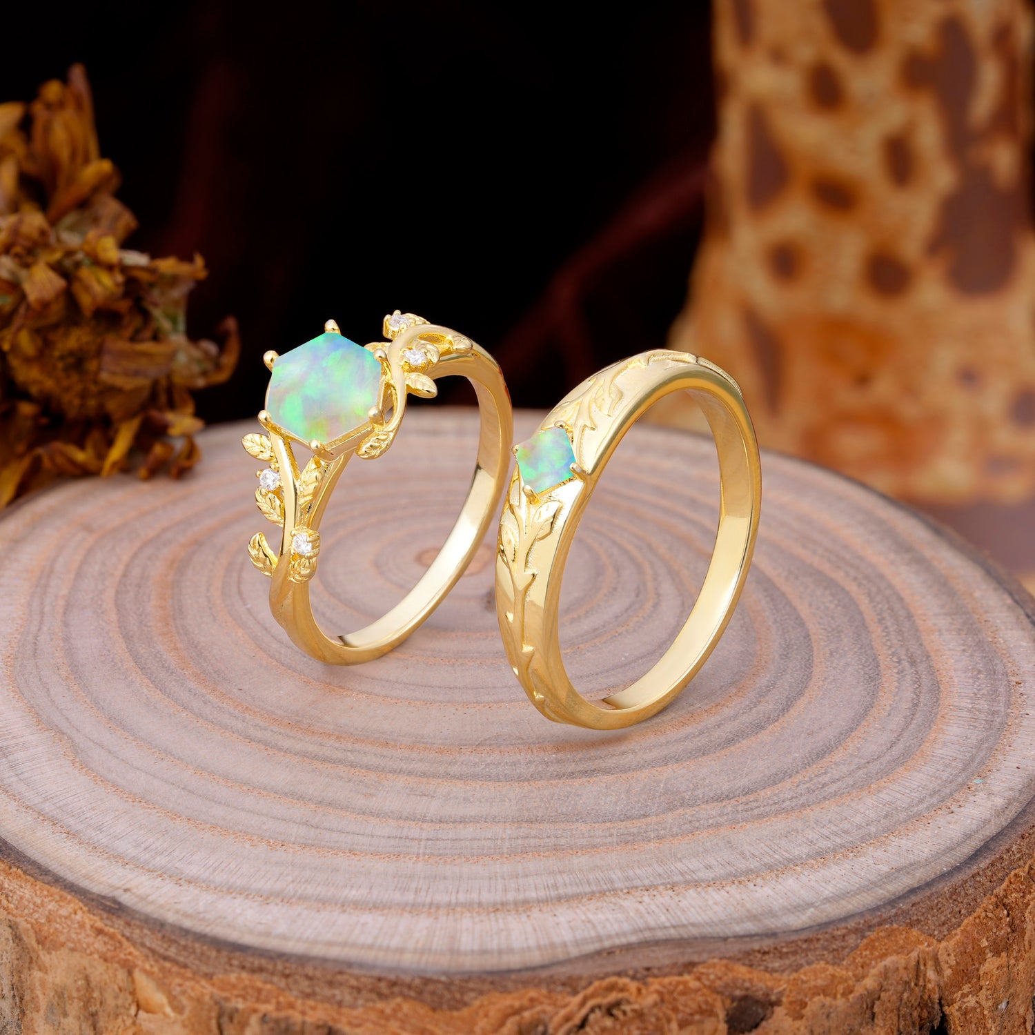 Luxurious Nature Inspired 6-Prong Hexagonal-Cut Opal Engagement Couple Rings
