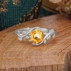 Luxury Nature-Inspired 6 Prong Hexagonal Citrine Engagement Ring