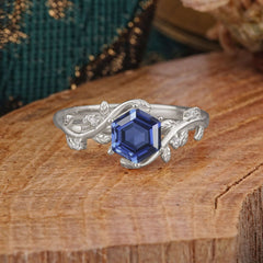 Luxury Nature-Inspired 6 Prong Hexagonal Tanzanite Engagement Ring