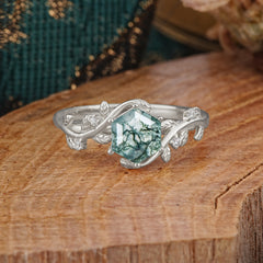 Luxury Nature-Inspired 6 Prong Hexagonal Natural Moss Agate Engagement Ring