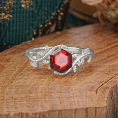 Luxury Nature-Inspired 6 Prong Hexagonal Garnet Engagement Ring