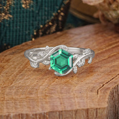 Luxury Nature-Inspired 6 Prong Hexagonal Emerald Engagement Ring