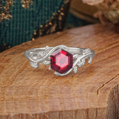 Luxury Nature-Inspired 6 Prong Hexagonal Ruby Engagement Ring