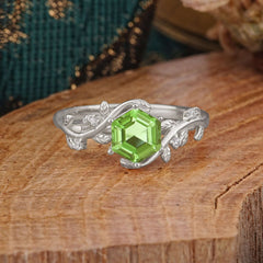 Luxury Nature-Inspired 6 Prong Hexagonal Peridot Engagement Ring