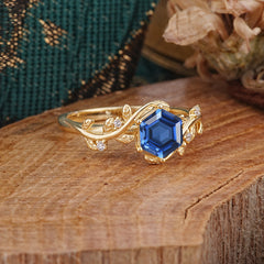 Luxury Nature-Inspired 6 Prong Hexagonal Sapphire Engagement Ring