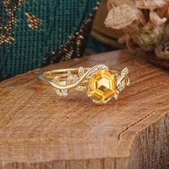Luxury Nature-Inspired 6 Prong Hexagonal Citrine Engagement Ring