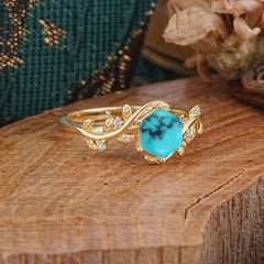 Luxury Nature-Inspired 6 Prong Hexagonal Turquoise Engagement Ring