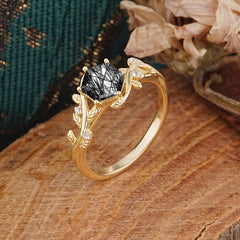 Luxury Nature-Inspired 6 Prong Hexagonal Black Rutilated Quartz Engagement Ring