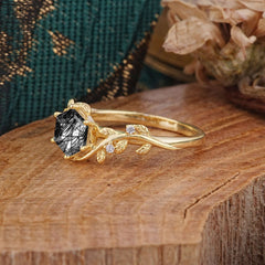 Luxury Nature-Inspired 6 Prong Hexagonal Black Rutilated Quartz Engagement Ring