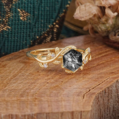 Luxury Nature-Inspired 6 Prong Hexagonal Black Rutilated Quartz Engagement Ring
