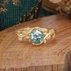 Luxury Nature-Inspired 6 Prong Hexagonal Natural Moss Agate Engagement Ring