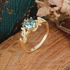 Luxury Nature-Inspired 6 Prong Hexagonal Natural Moss Agate Engagement Ring
